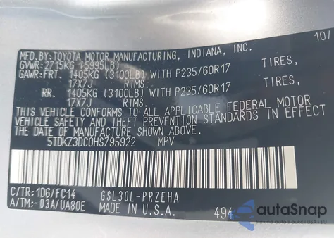 2017 Toyota Sienna Le 8 Passenger z USA, uszkodzony, nr VIN 5TDKZ3DC0HS795922